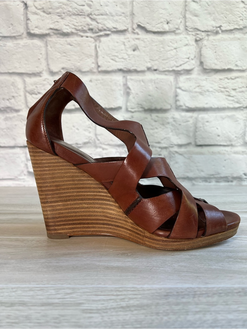 Cole Haan Cognac Leather Wedge Platform Sandals Size 8.5 - Picture 4 of 9